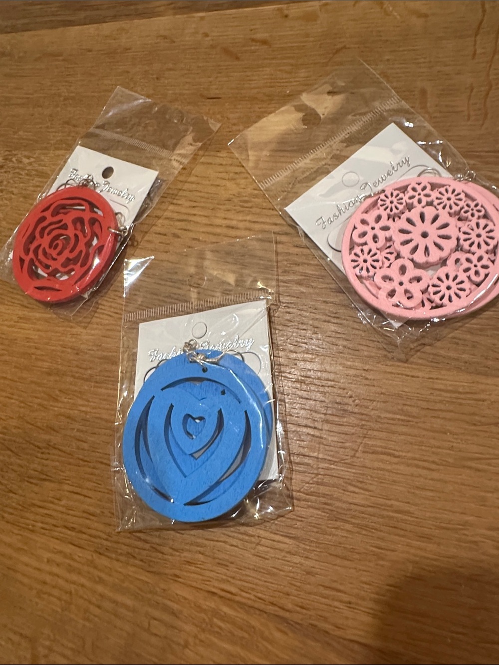Fashion Jewelry Painted Wooden Floral & Heart Cutout Earrings - Blue, Pink, Red
